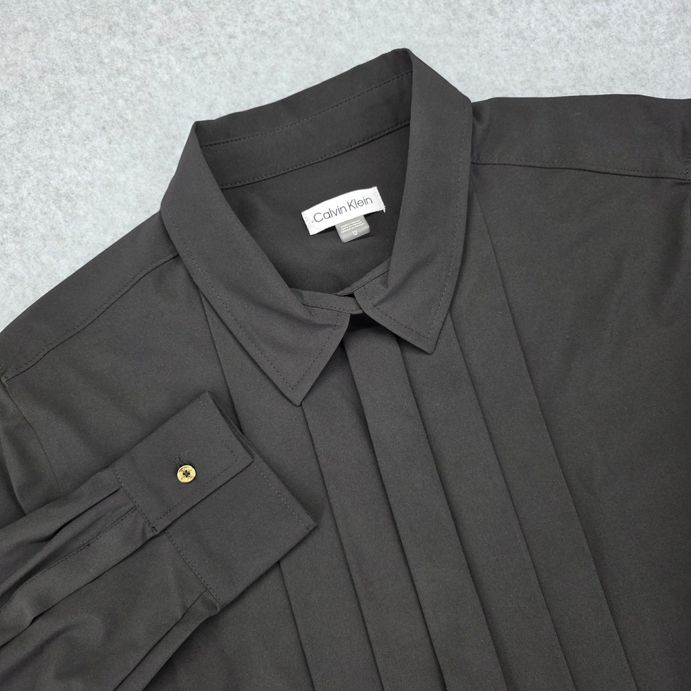 Calvin‎ Klein Black Pintuck Button Front Long Sleeve Shirt Dress Size 12 NWT